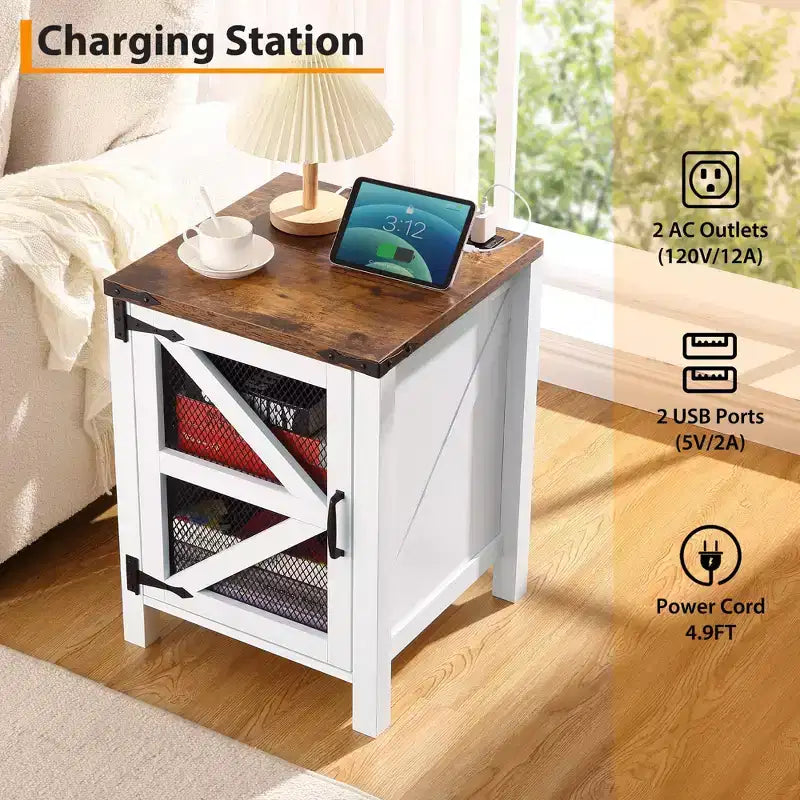Rustic Nightstand with Sliding Door, 18" Wood Sofa Side Bedside Table with Storage for Bedroom Living Room