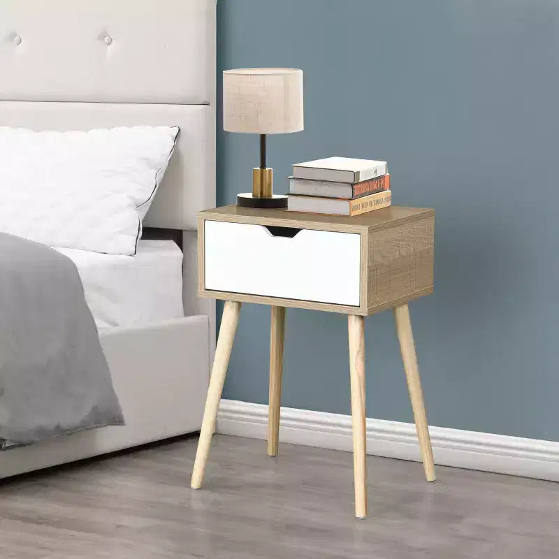 MAYEERTY Nightstand with 1 Drawer Rubber Wood Legs Mid Century Modern Storage Cabinet for Bedroom Living Room Multicolored