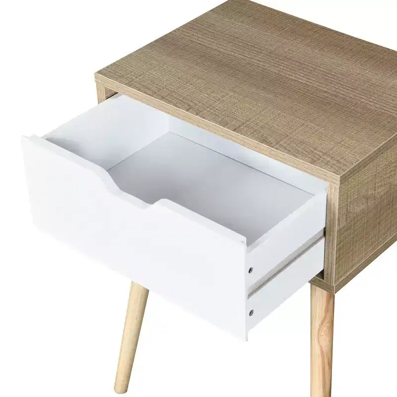 Nightstand with 1 Drawer, Rubber Wood Legs, Mid-Century Modern Storage Cabinet for Bedroom & Living Room