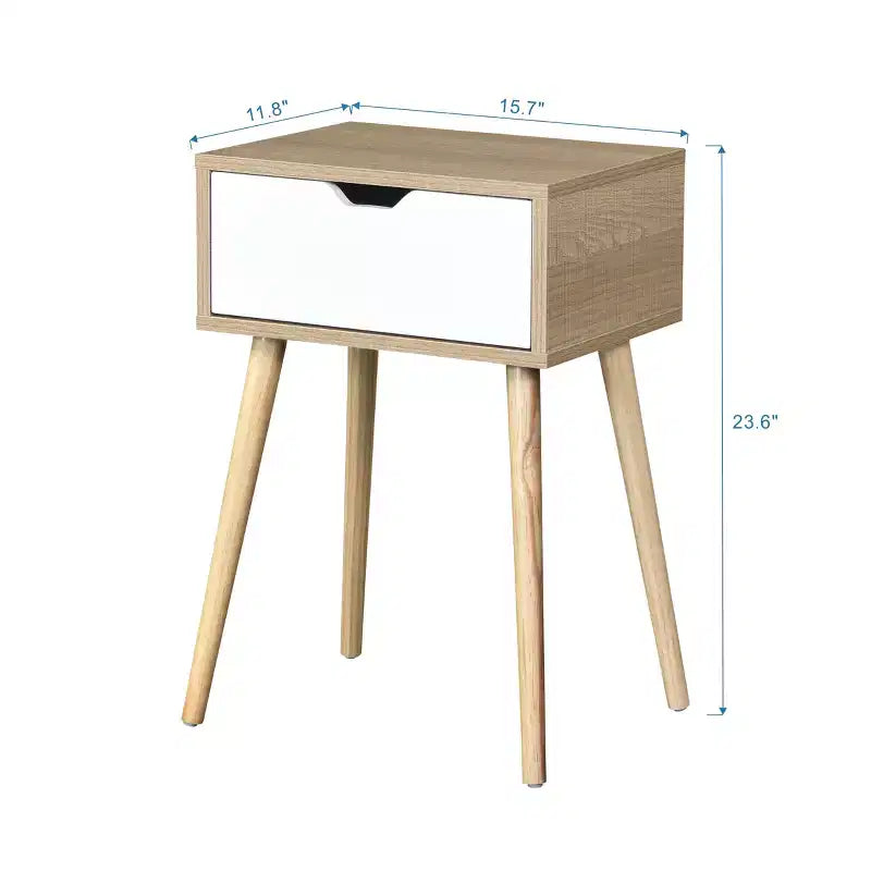 Nightstand with 1 Drawer, Rubber Wood Legs, Mid-Century Modern Storage Cabinet for Bedroom & Living Room