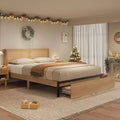 Rattan Bed Frame Full Size Bed Frame with 2 Drawers, Rattan Headboard, Led Lights, Boho Storage Bed Frame