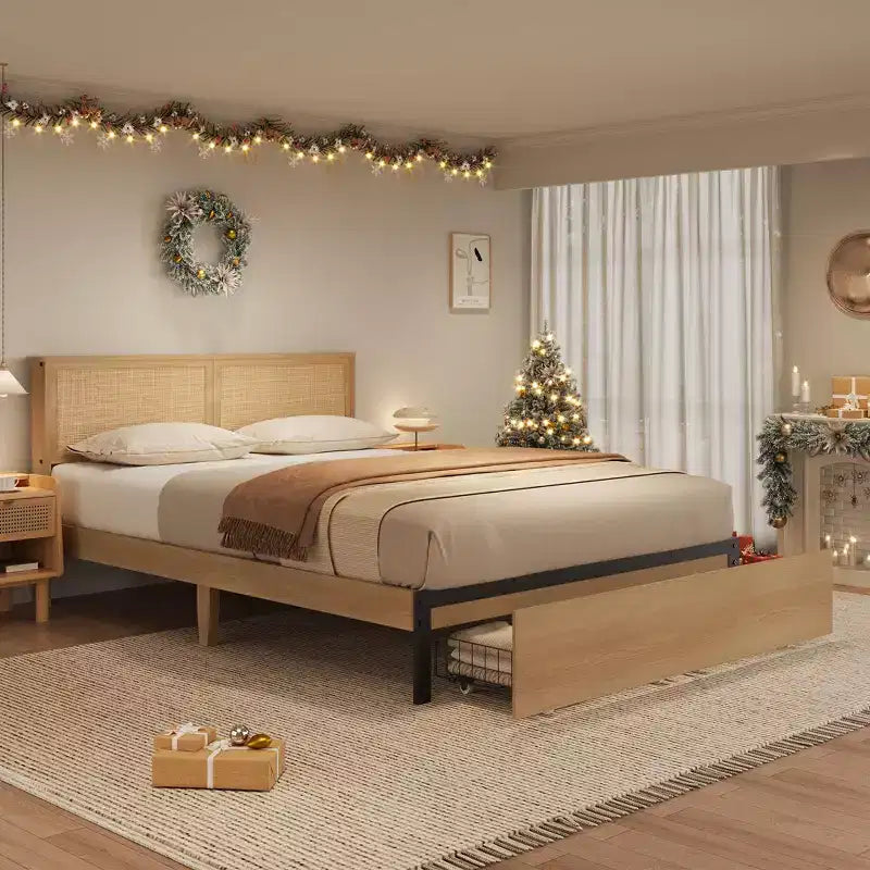 Rattan Bed Frame Full Size Bed Frame with 2 Drawers, Rattan Headboard, Led Lights, Boho Storage Bed Frame