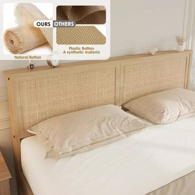 Rattan Bed Frame Full Size with 2 Drawers & Rattan Headboard, Boho Storage Bed Frame