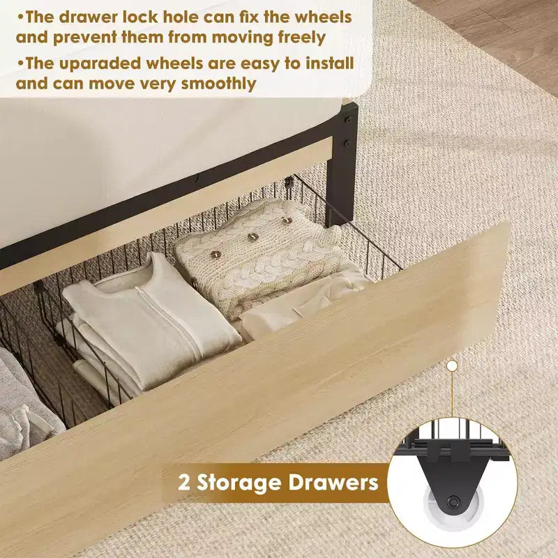 Rattan Bed Frame Full Size with 2 Drawers & Rattan Headboard, Boho Storage Bed Frame