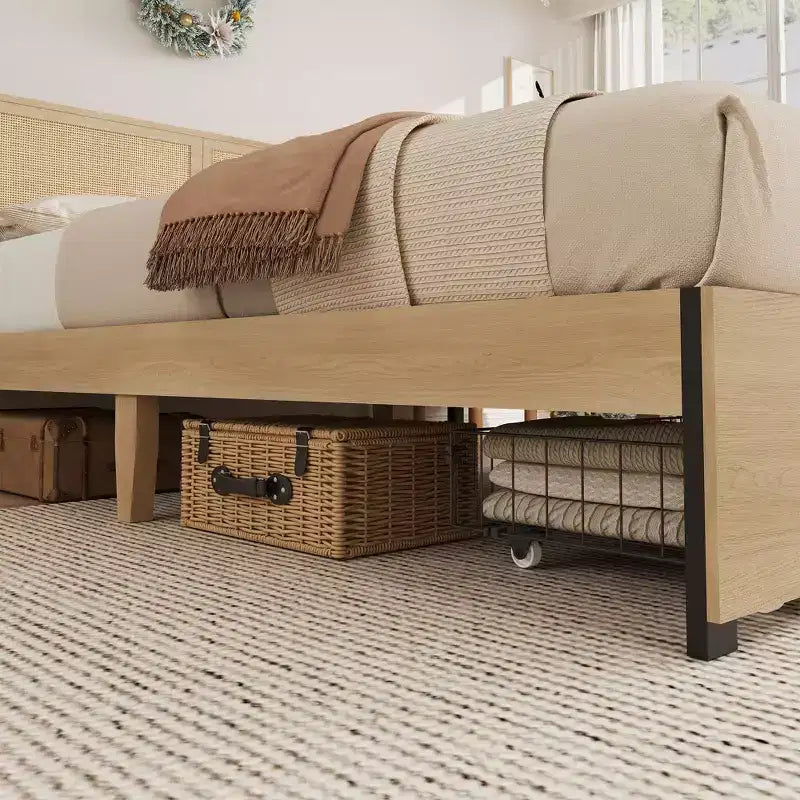 Rattan Bed Frame Full Size with 2 Drawers & Rattan Headboard, Boho Storage Bed Frame