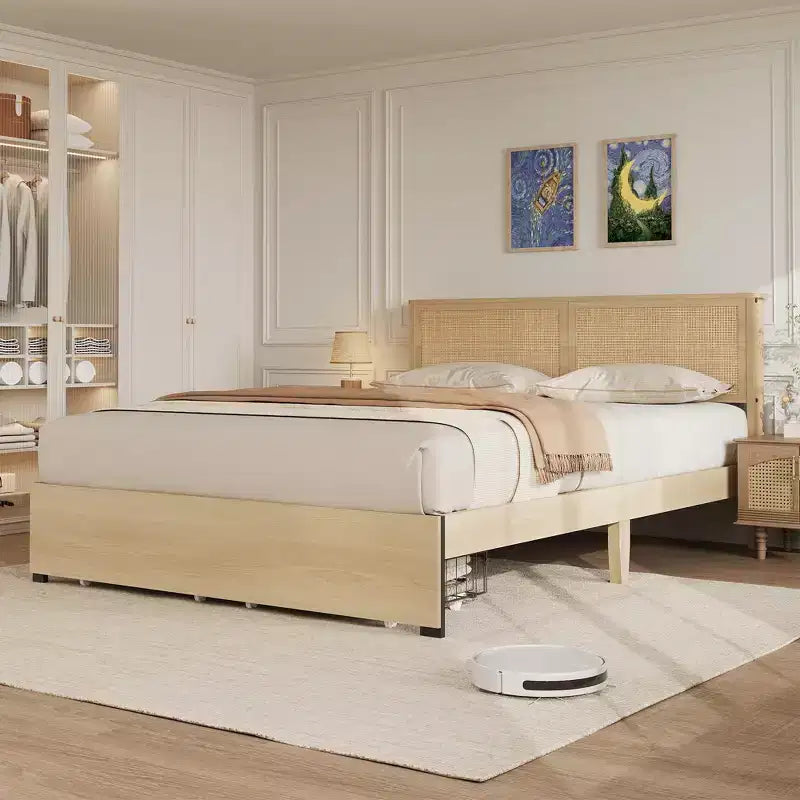 Rattan Bed Frame Full Size with 2 Drawers & Rattan Headboard, Boho Storage Bed Frame