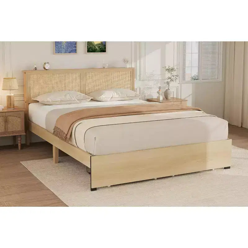 Rattan Bed Frame Full Size with 2 Drawers & Rattan Headboard, Boho Storage Bed Frame