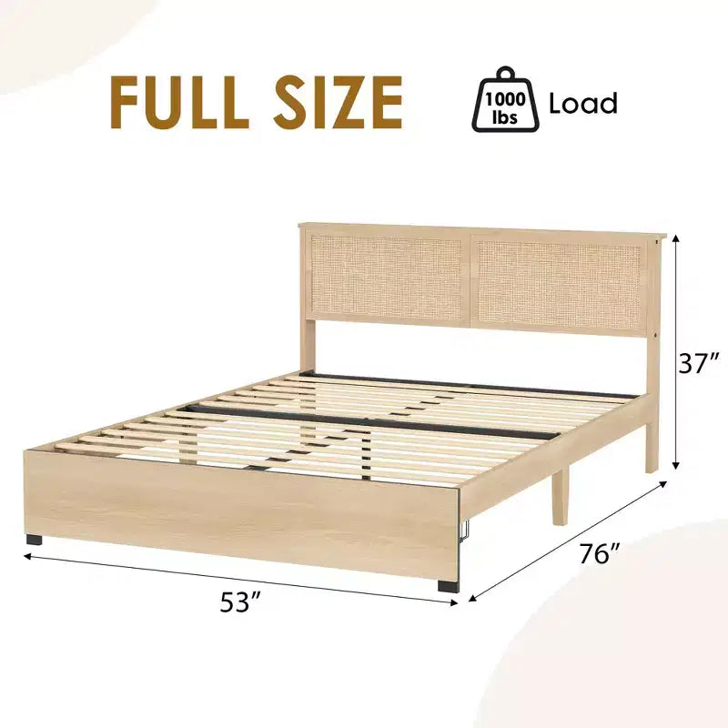 Rattan Bed Frame Full Size with 2 Drawers & Rattan Headboard, Boho Storage Bed Frame