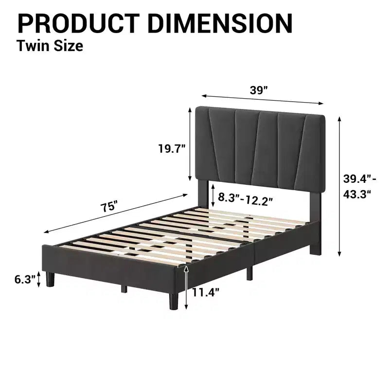 Bed Frame with Adjustable Headboard, Linen Upholstered Full Platform Bedframe with Strong Wooden Slats