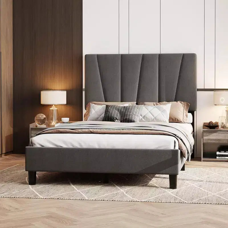 Bed Frame with Adjustable Headboard, Linen Upholstered Full Platform Bedframe with Strong Wooden Slats