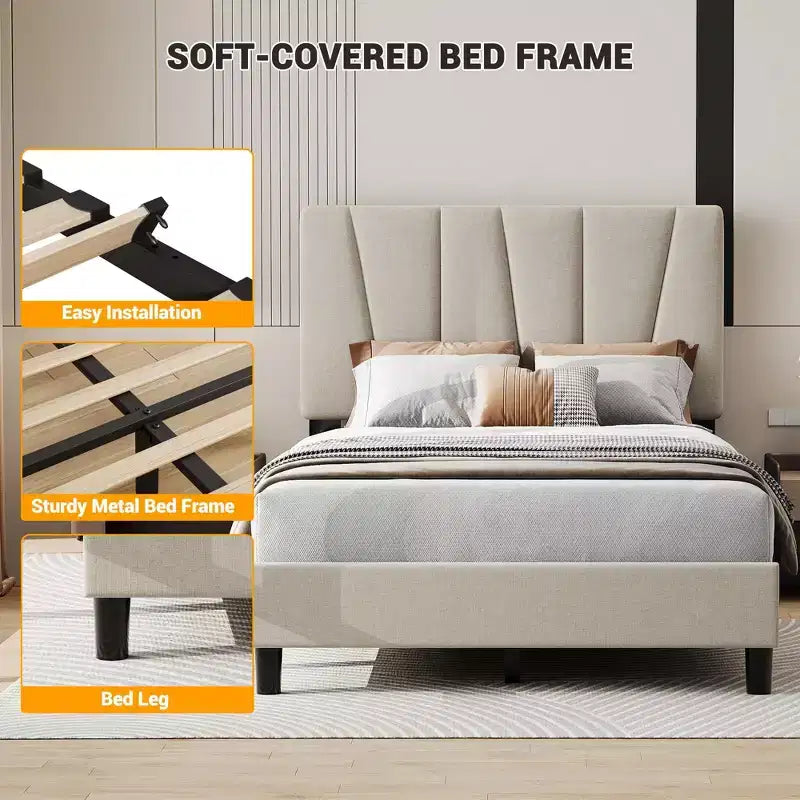 Bed Frame with Adjustable Headboard, Linen Upholstered Full Platform Bedframe with Strong Wooden Slats