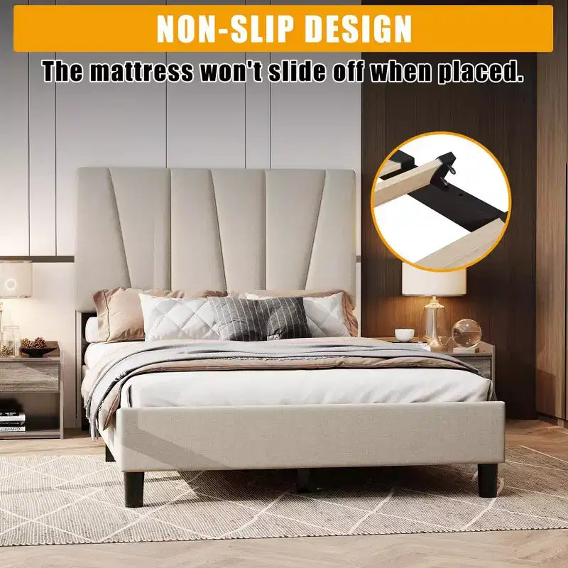 Bed Frame with Adjustable Headboard, Linen Upholstered Full Platform Bedframe with Strong Wooden Slats