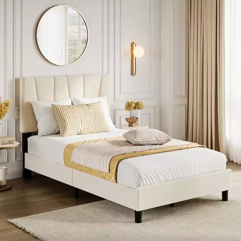 Bed Frame with Adjustable Headboard, Linen Upholstered Full Platform Bedframe with Strong Wooden Slats