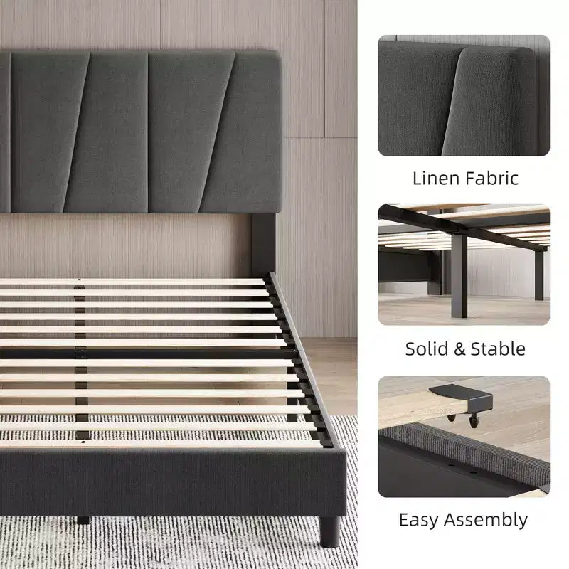 Bed Frame with Adjustable Headboard, Linen Upholstered Full Platform Bedframe with Strong Wooden Slats