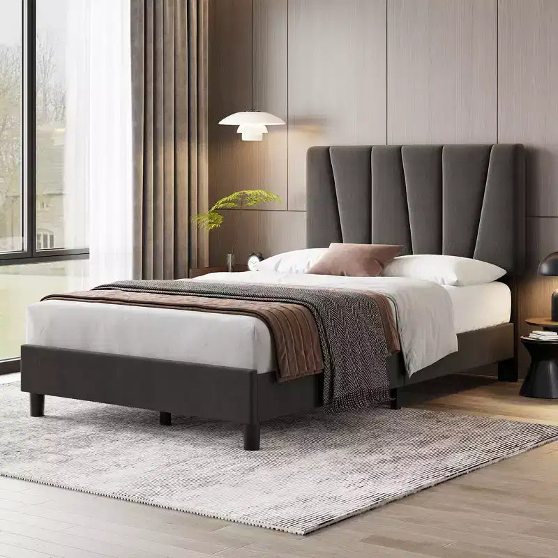 Bed Frame with Adjustable Headboard, Linen Upholstered Full Platform Bedframe with Strong Wooden Slats