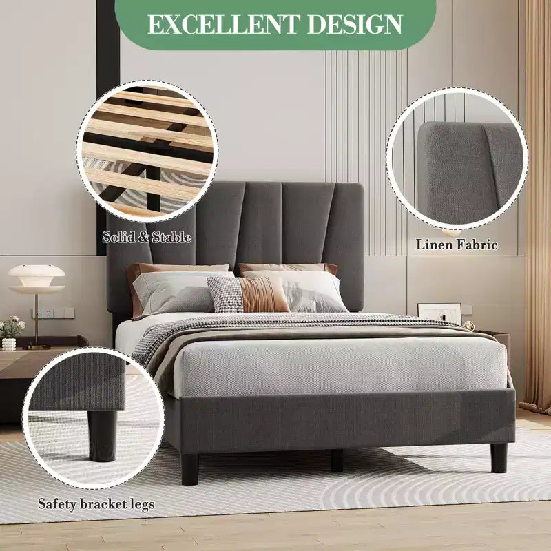 Bed Frame with Adjustable Headboard, Linen Upholstered Full Platform Bedframe with Strong Wooden Slats