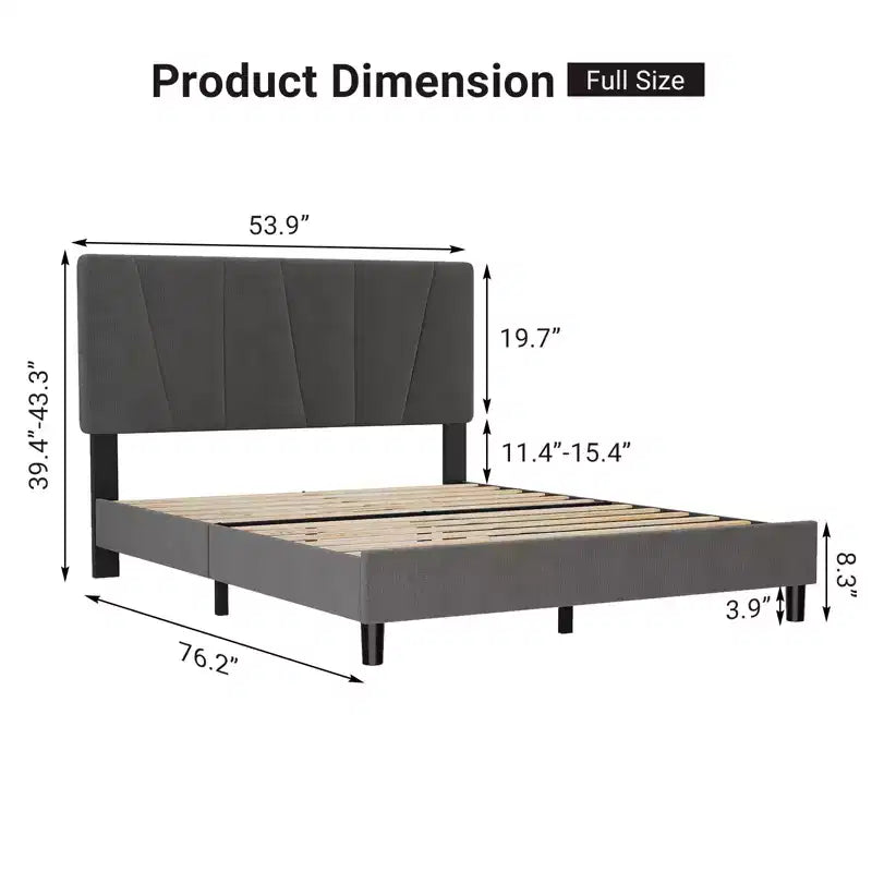Bed Frame with Adjustable Headboard, Linen Upholstered Full Platform Bedframe with Strong Wooden Slats