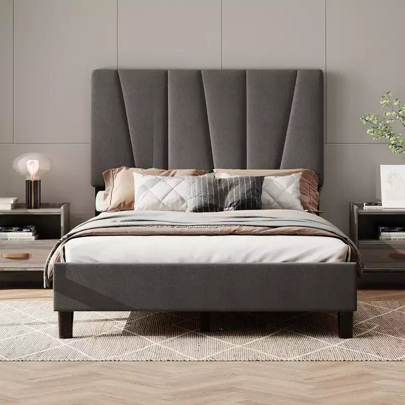 Bed Frame with Adjustable Headboard, Linen Upholstered Full Platform Bedframe with Strong Wooden Slats