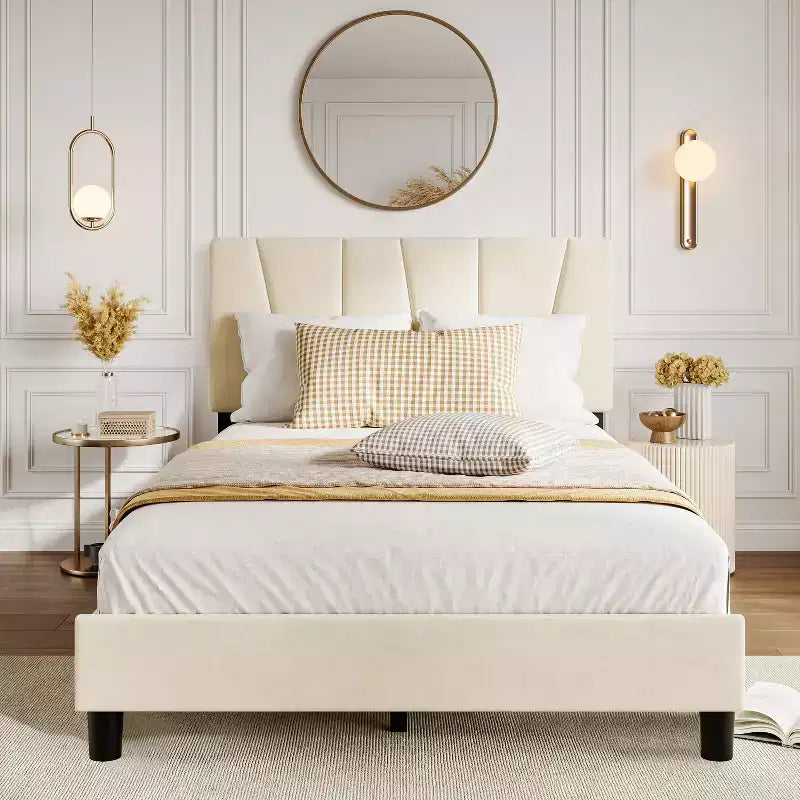 Bed Frame with Adjustable Headboard, Linen Upholstered Full Platform Bedframe with Strong Wooden Slats
