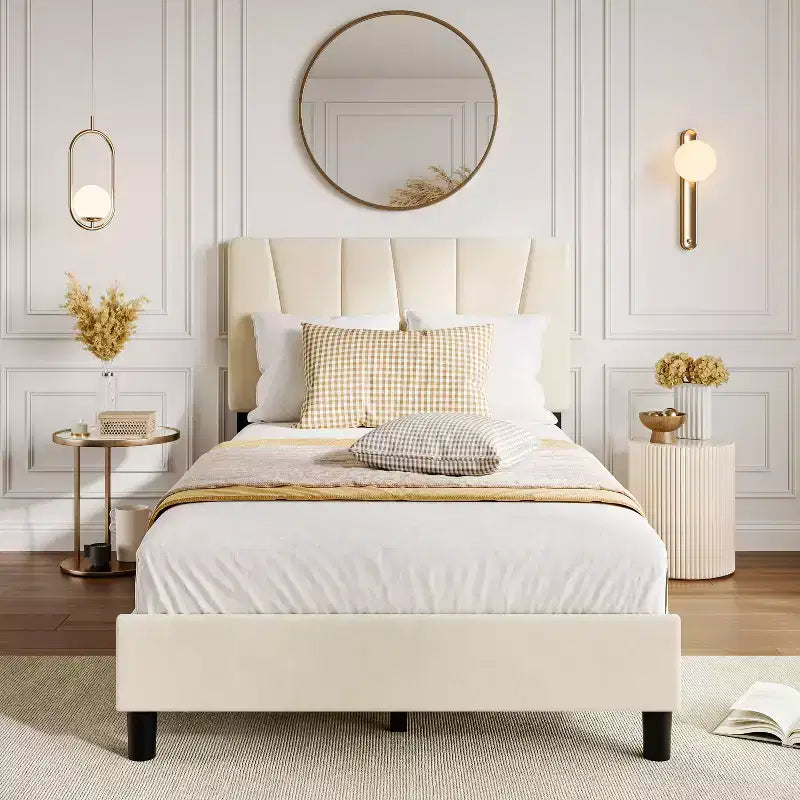 Bed Frame with Adjustable Headboard, Linen Upholstered Full Platform Bedframe with Strong Wooden Slats