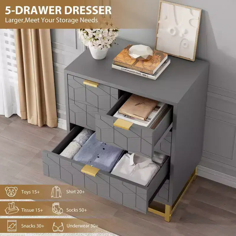 5-Drawer Dresser - Modern Grey Chest of Drawers with Metal Base for Bedroom & Living Room