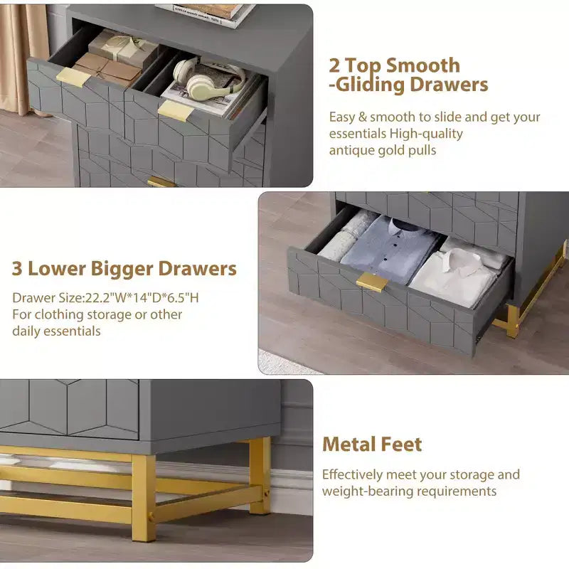 5-Drawer Dresser - Modern Grey Chest of Drawers with Metal Base for Bedroom & Living Room