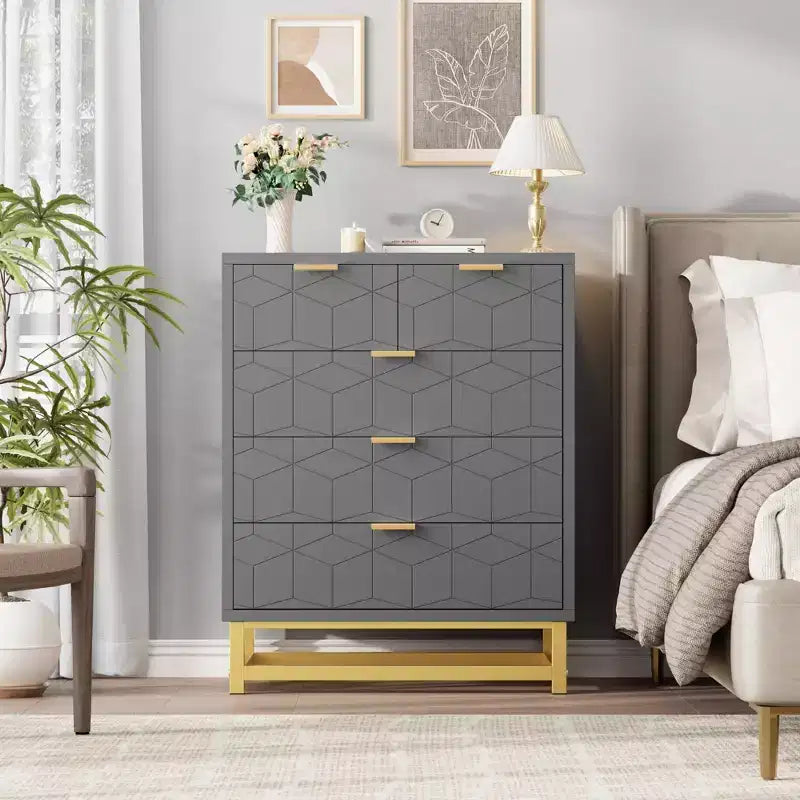 5-Drawer Dresser - Modern Grey Chest of Drawers with Metal Base for Bedroom & Living Room