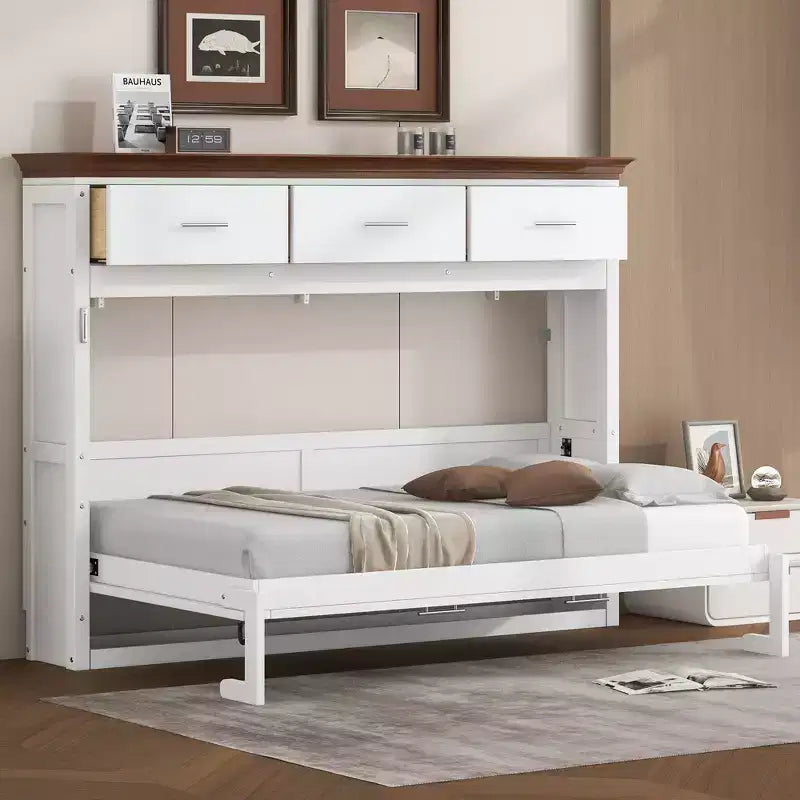 Twin Size Murphy Bed Wall Bed with 3 Drawers, Foldable Cabinet Bed, White