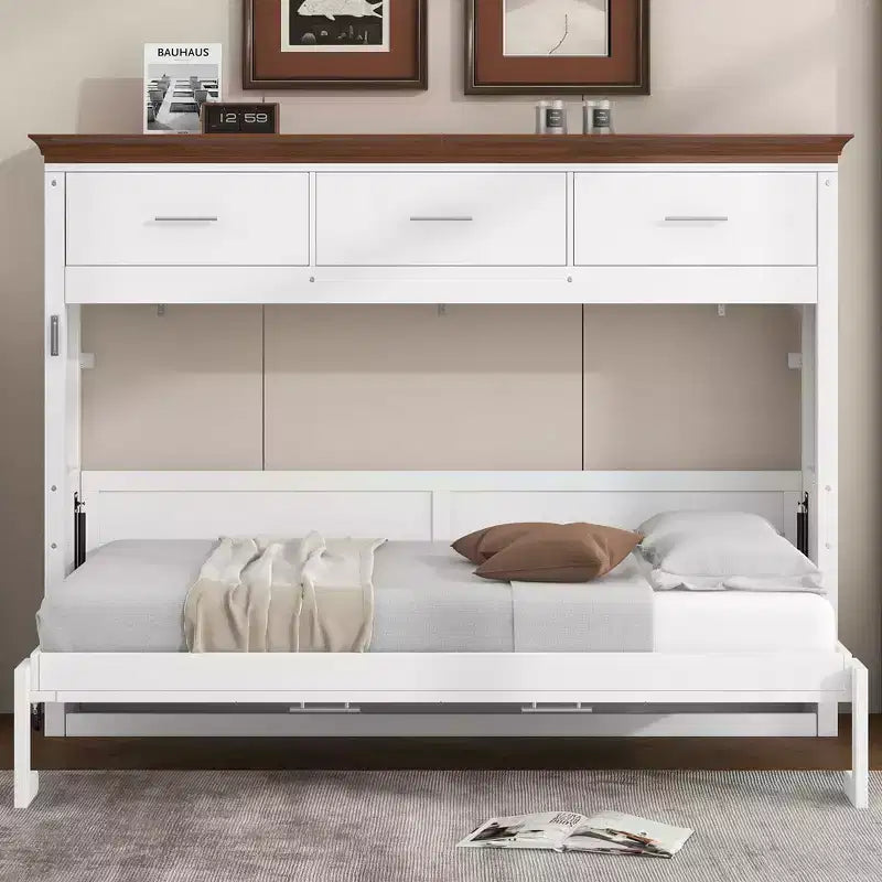 Twin Size Murphy Bed Wall Bed with 3 Drawers, Foldable Cabinet Bed, White