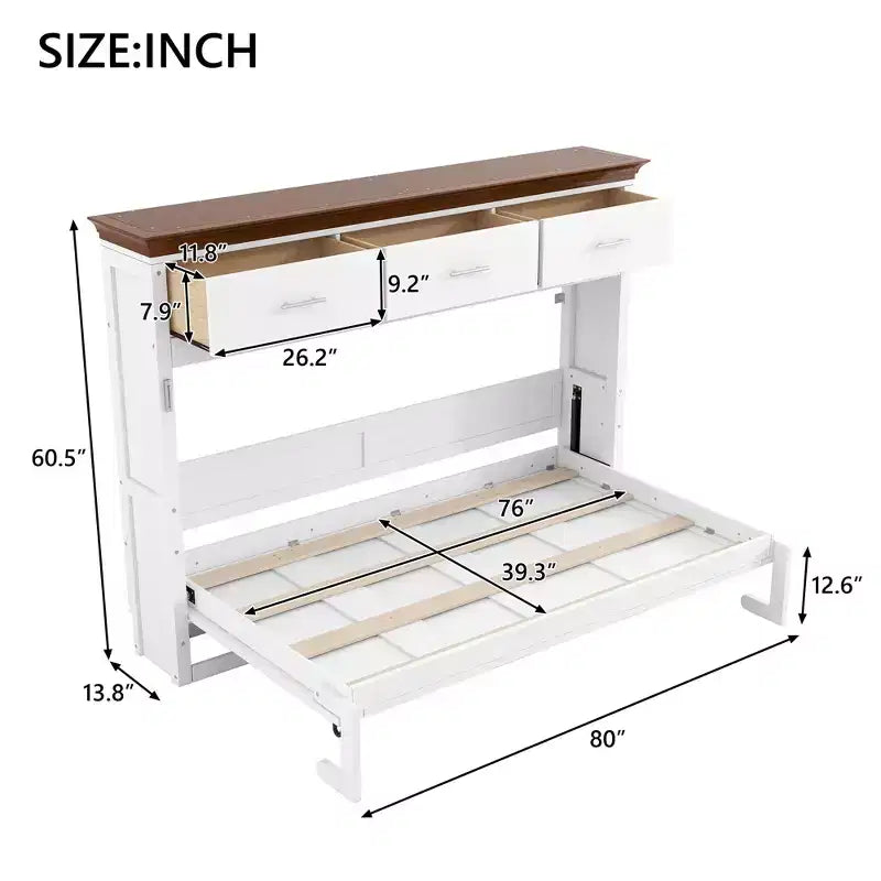 Twin Size Murphy Bed Wall Bed with 3 Drawers, Foldable Cabinet Bed, White