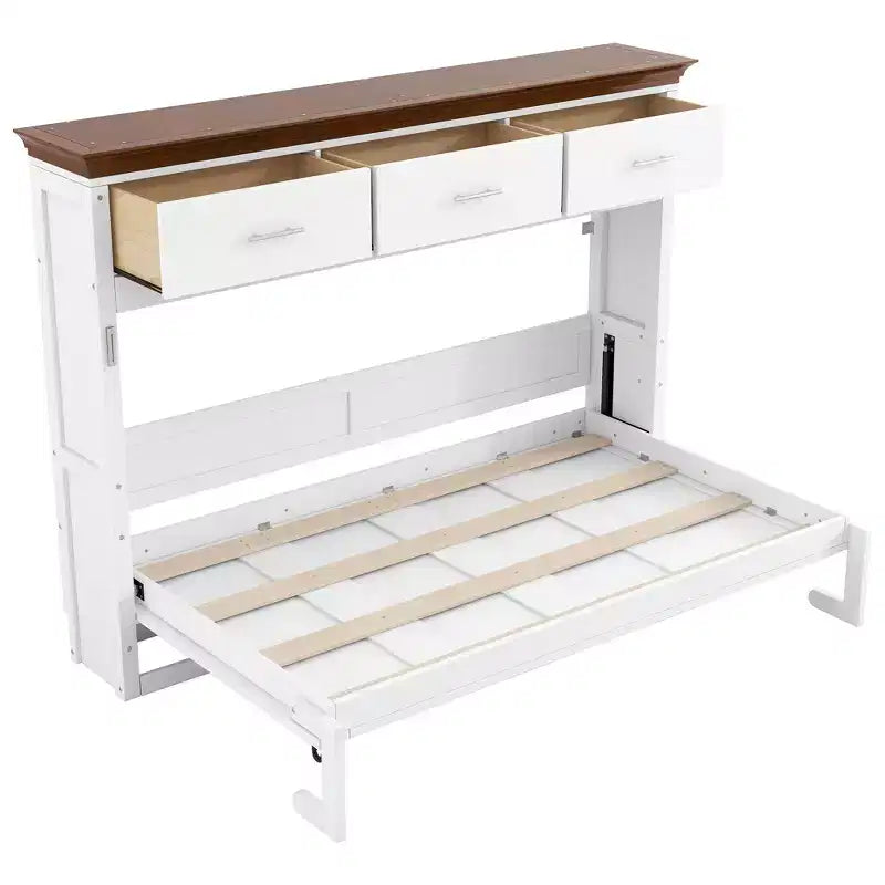 Twin Size Murphy Bed Wall Bed with 3 Drawers, Foldable Cabinet Bed, White