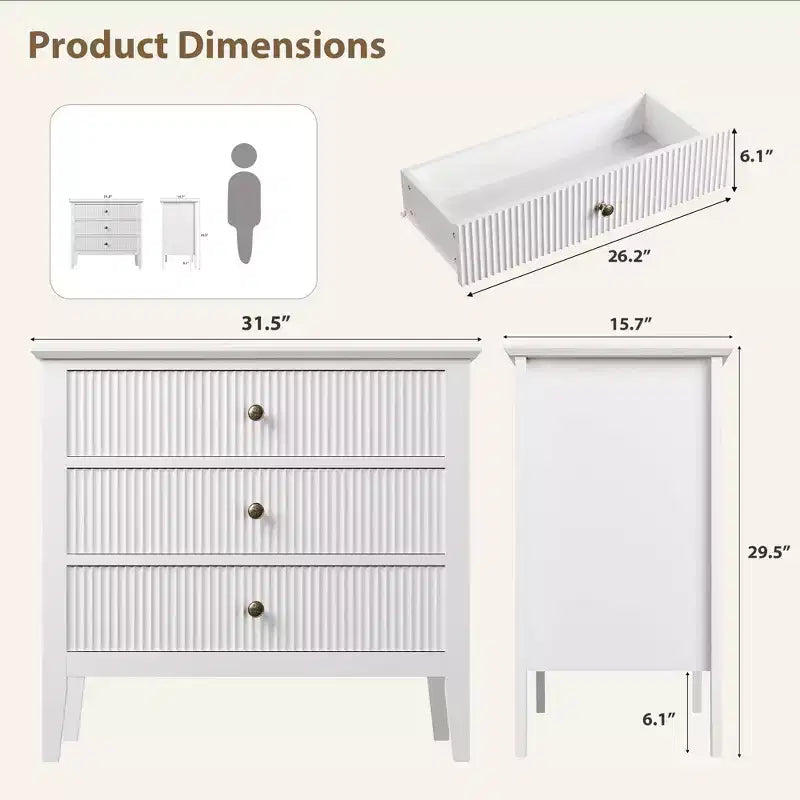 Fluted 3 Drawer Dresser, 31.5 Inch Wide Storage Chest for Bedroom, Modern Wood Chest of Drawers with 3 Deep Drawers