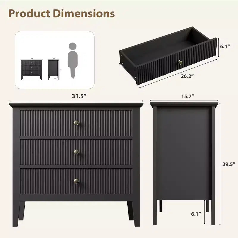 Fluted 3 Drawer Dresser, 31.5 Inch Wide Storage Chest for Bedroom, Modern Wood Chest of Drawers with 3 Deep Drawers