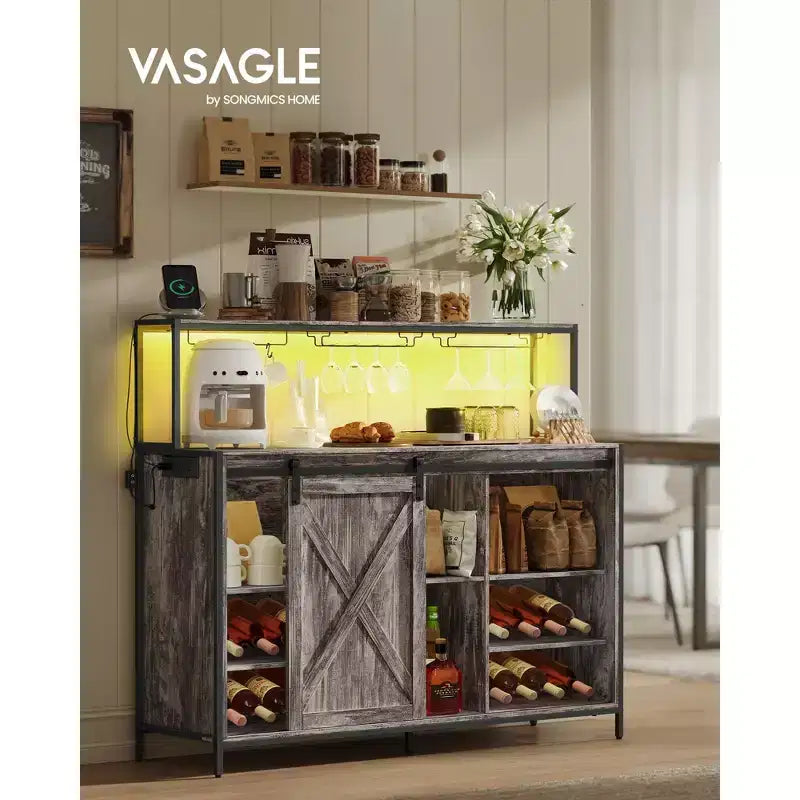 SONGMICS HOME Coffee Bar Cabinet with Smart LED Light, Sliding Barn Doors, S Hooks, Wine Storage