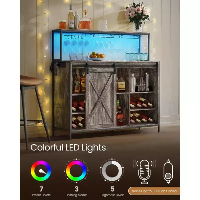 Coffee Bar Cabinet with Smart LED Light, Sliding Barn Doors, S Hooks, Wine Storage