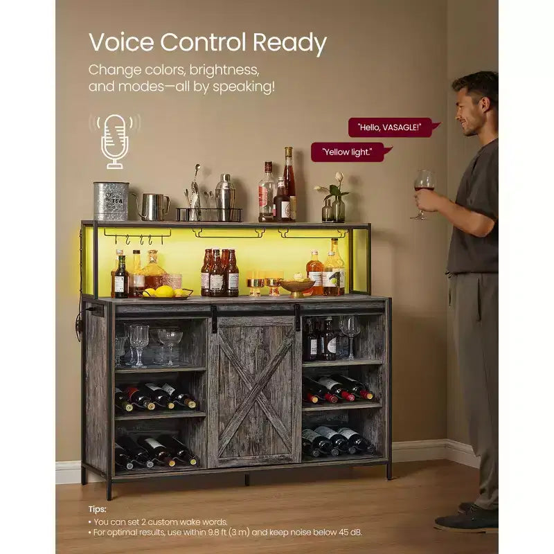 Coffee Bar Cabinet with Smart LED Light, Sliding Barn Doors, S Hooks, Wine Storage