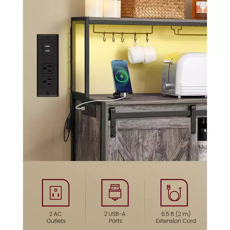 Coffee Bar Cabinet with Smart LED Light, Sliding Barn Doors, S Hooks, Wine Storage
