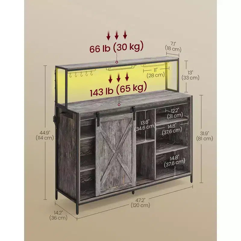 Coffee Bar Cabinet with Smart LED Light, Sliding Barn Doors, S Hooks, Wine Storage