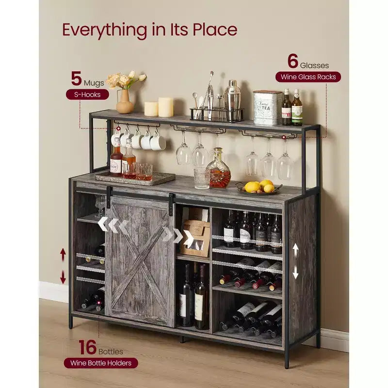 Coffee Bar Cabinet with Smart LED Light, Sliding Barn Doors, S Hooks, Wine Storage
