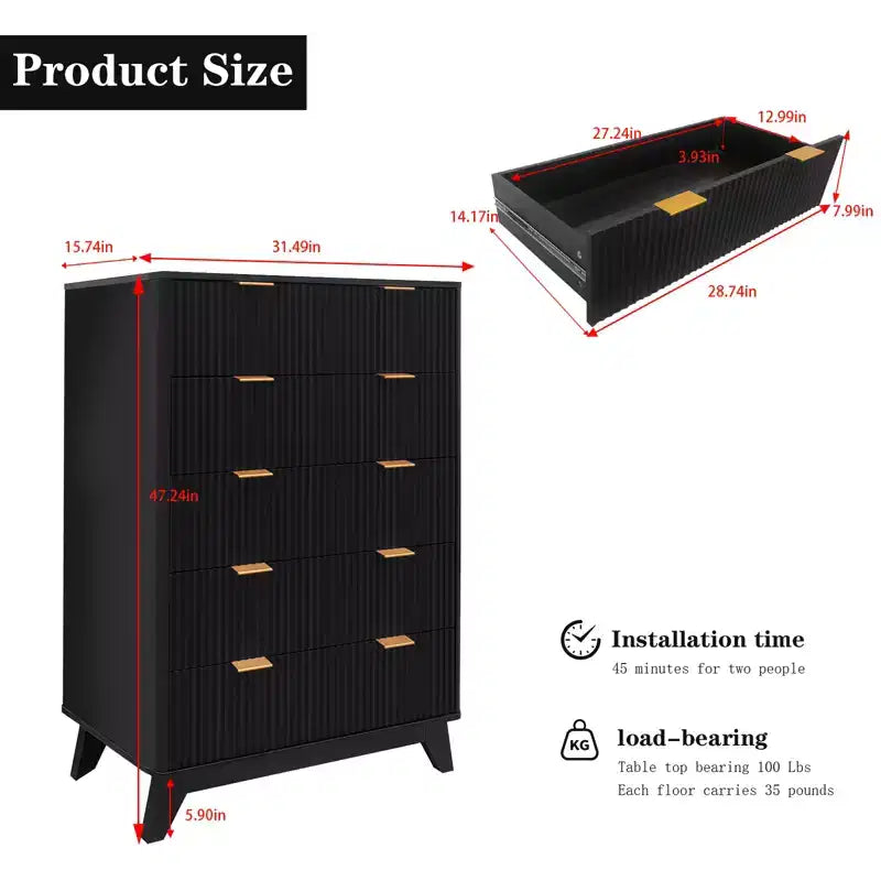 Fluted 5-Drawer Dresser, 48-Inch Tall Modern Chest of Drawers with Anti-Tipping Device, Wood Storage Organizer for Bedroom, Living Room & Hallway