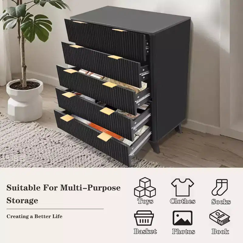Fluted 5-Drawer Dresser, 48-Inch Tall Modern Chest of Drawers with Anti-Tipping Device, Wood Storage Organizer for Bedroom, Living Room & Hallway