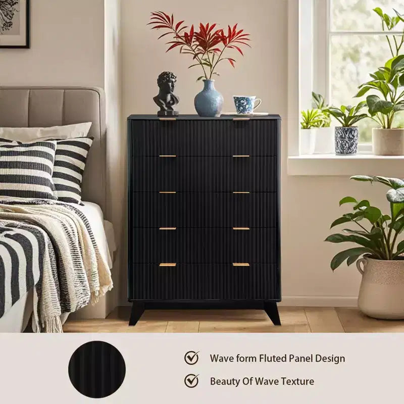 Fluted 5-Drawer Dresser, 48-Inch Tall Modern Chest of Drawers with Anti-Tipping Device, Wood Storage Organizer for Bedroom, Living Room & Hallway