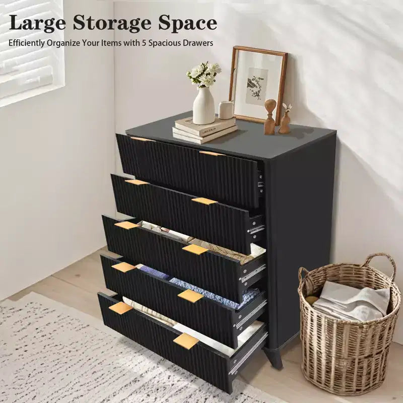 Fluted 5-Drawer Dresser, 48-Inch Tall Modern Chest of Drawers with Anti-Tipping Device, Wood Storage Organizer for Bedroom, Living Room & Hallway