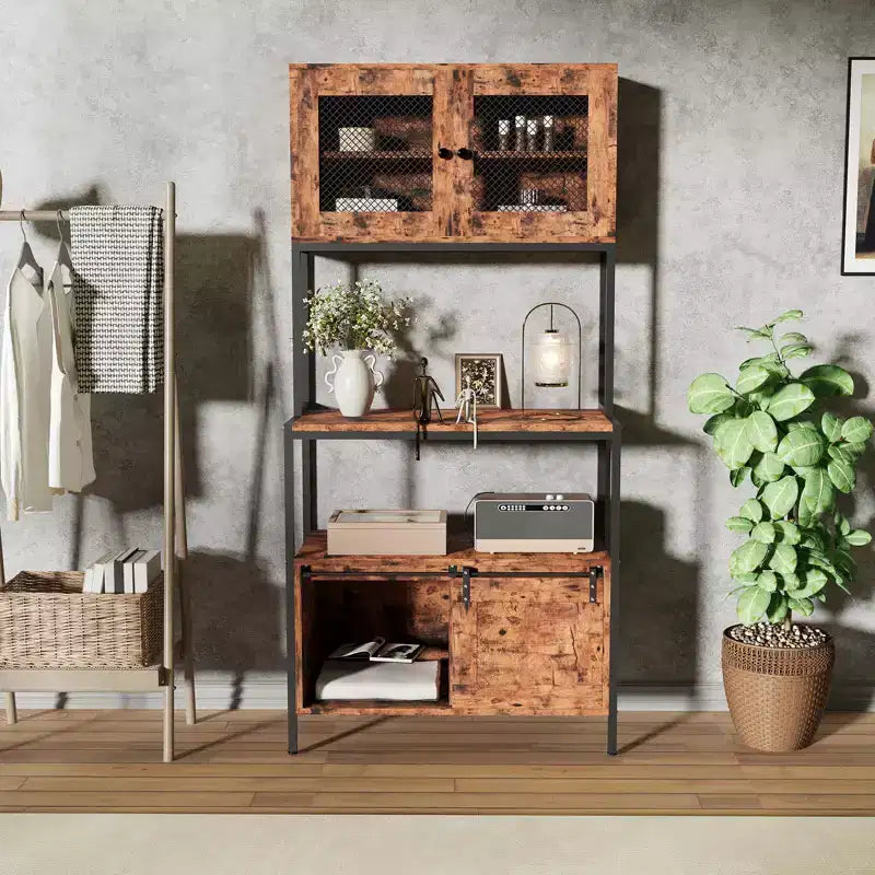5-Tier Kitchen Bakers Rack with Cabinets & Charging Station, 63 Industrial Microwave Stand, Storage Cabinet for Dining Room, Living Room, Apartments