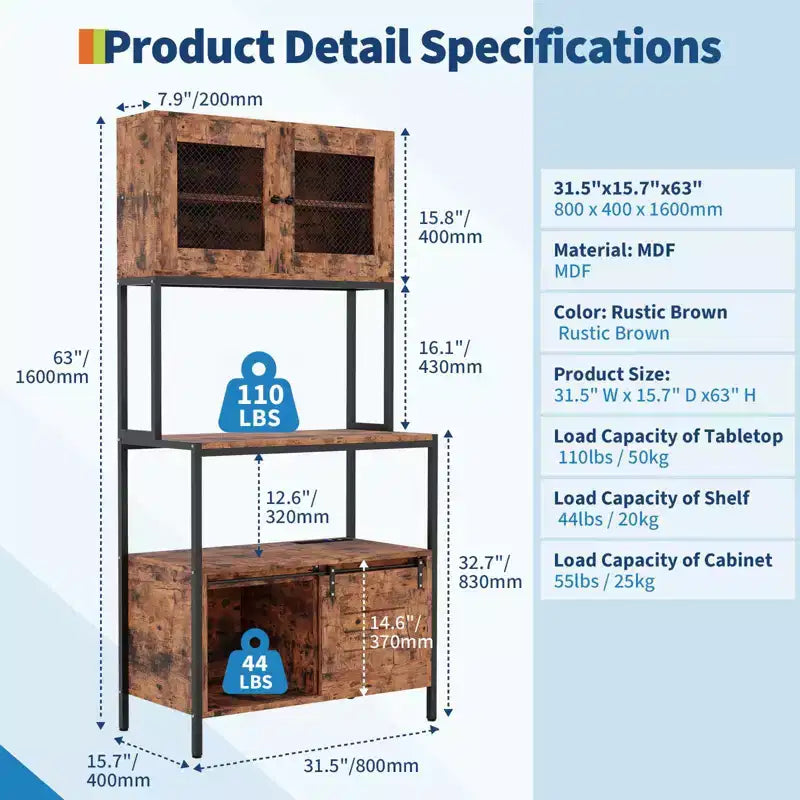 5-Tier Kitchen Bakers Rack with Cabinets & Charging Station