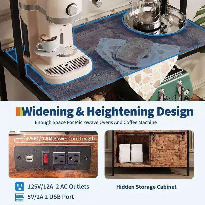 5-Tier Kitchen Bakers Rack with Cabinets & Charging Station