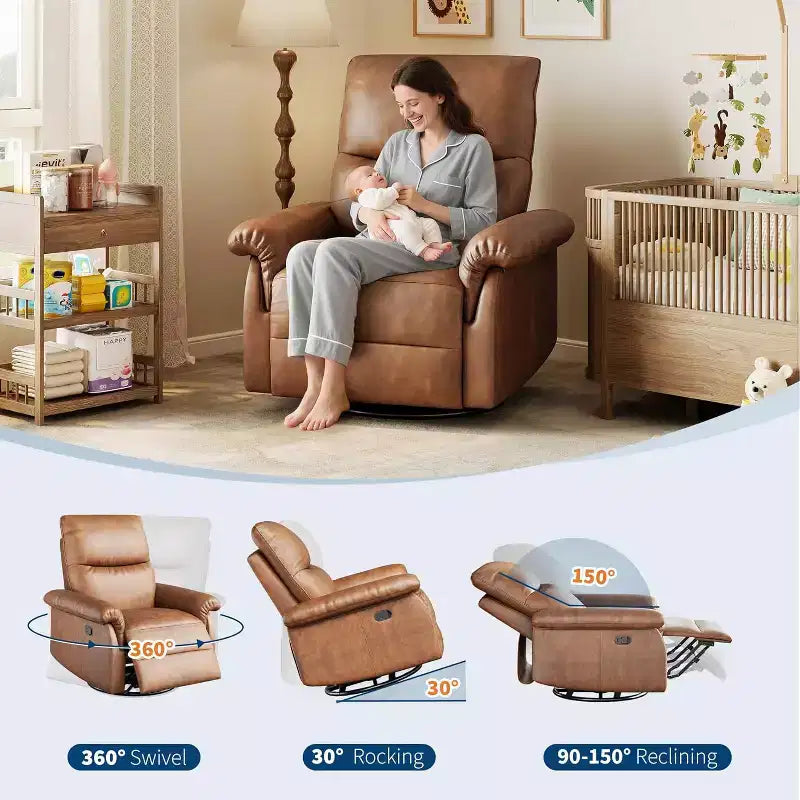 360 Swivel Recliner Chair with PU Leather, Rocking Glider & Adjustable Recline for Living Room & Nursery