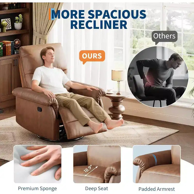 360 Swivel Recliner Chair with PU Leather, Rocking Glider & Adjustable Recline for Living Room & Nursery