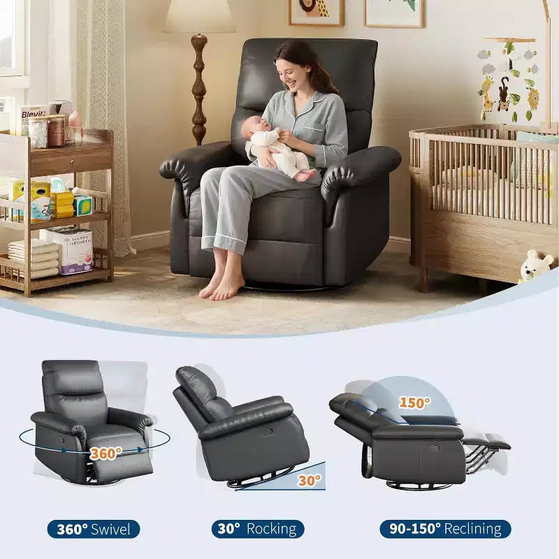 360 Swivel Recliner Chair with PU Leather, Rocking Glider & Adjustable Recline for Living Room & Nursery