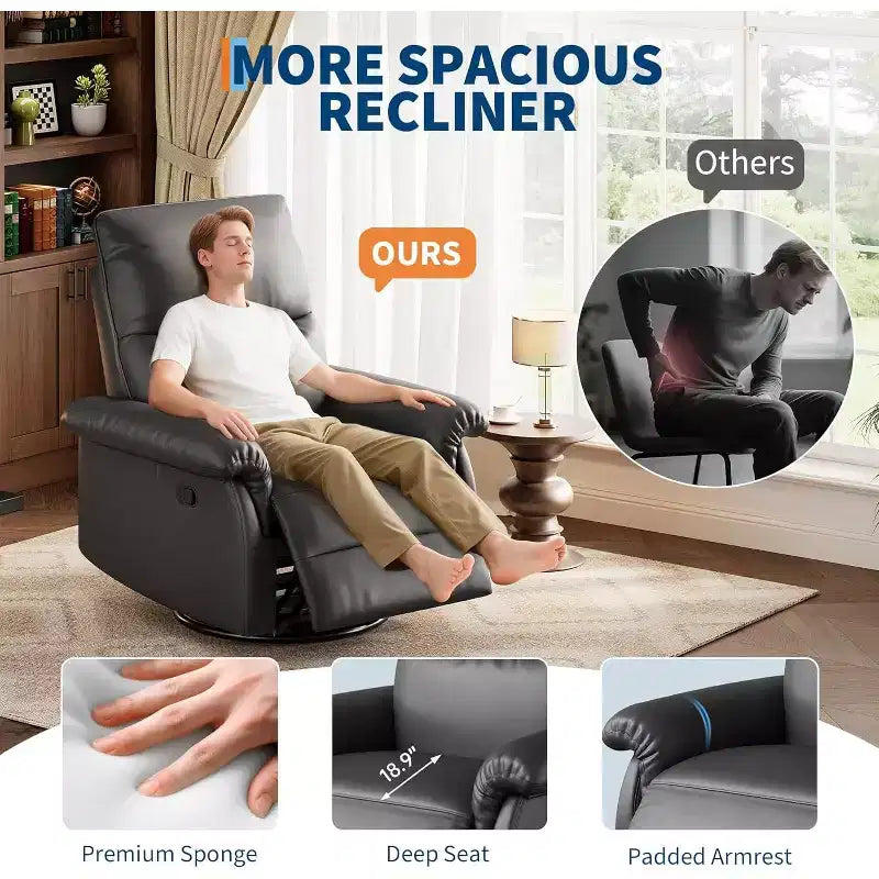 360 Swivel Recliner Chair with PU Leather, Rocking Glider & Adjustable Recline for Living Room & Nursery